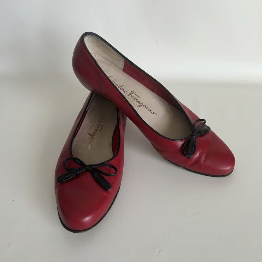 Salvatore Ferragamo Boutique Red Leather Bow Flats Shoes Womens Size 5.5 B Italy - Picture 5 of 13